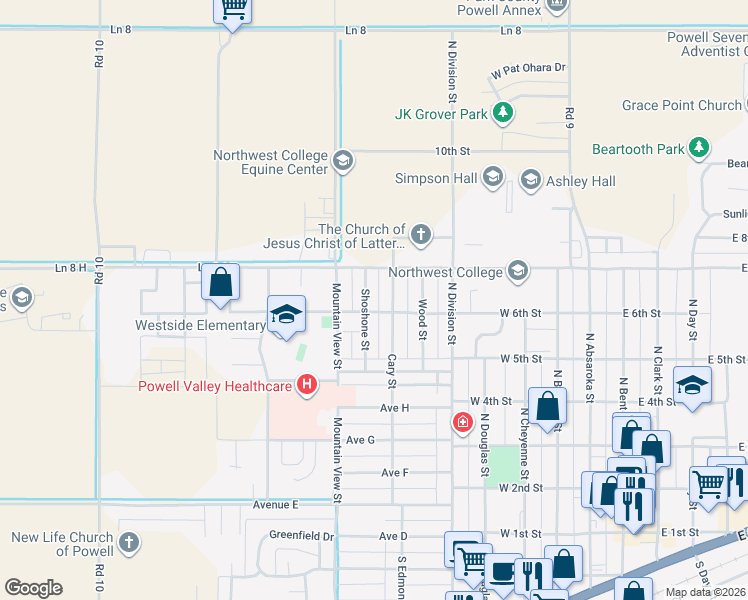 map of restaurants, bars, coffee shops, grocery stores, and more near 619 Shoshone Street in Powell