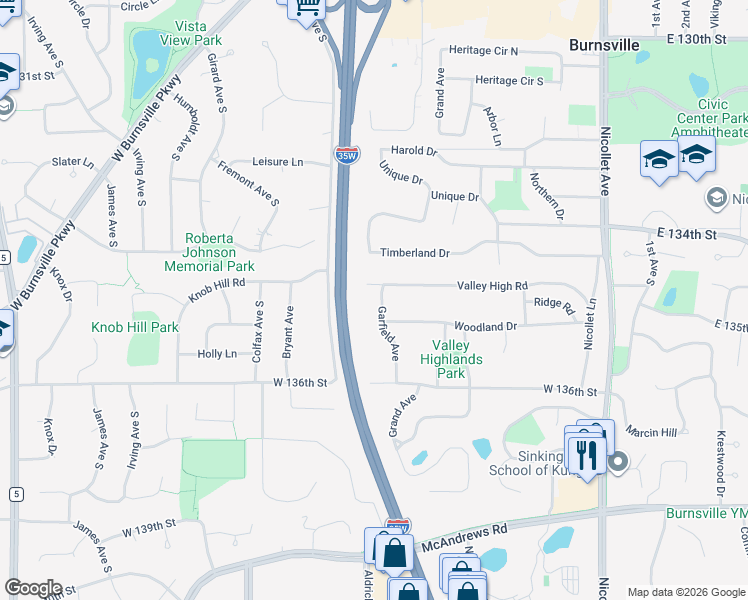 map of restaurants, bars, coffee shops, grocery stores, and more near 13404 Garfield Avenue in Burnsville