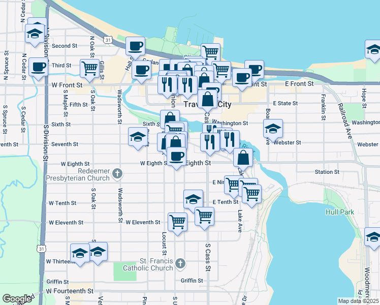 map of restaurants, bars, coffee shops, grocery stores, and more near 125 East Eighth Street in Traverse City
