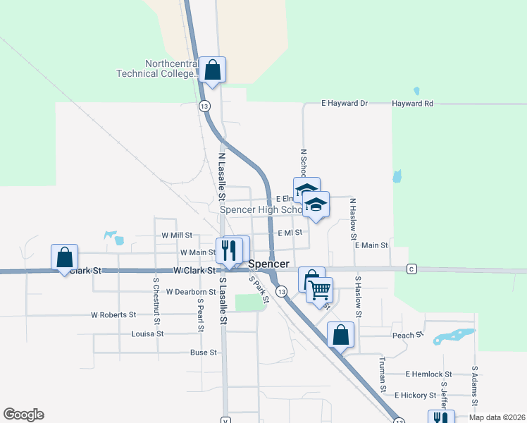 map of restaurants, bars, coffee shops, grocery stores, and more near 401 N Pacific St in Spencer