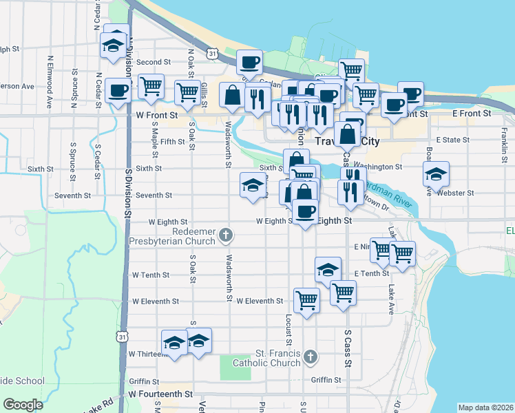 map of restaurants, bars, coffee shops, grocery stores, and more near 411 Pine Street in Traverse City