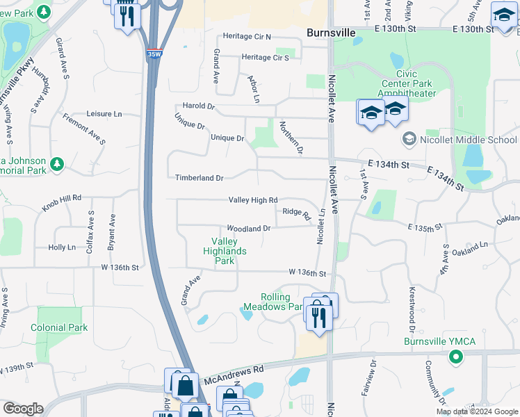 map of restaurants, bars, coffee shops, grocery stores, and more near 129 Valley High Road in Burnsville