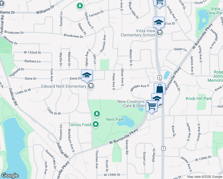 map of restaurants, bars, coffee shops, grocery stores, and more near 13412 Penn Avenue South in Burnsville