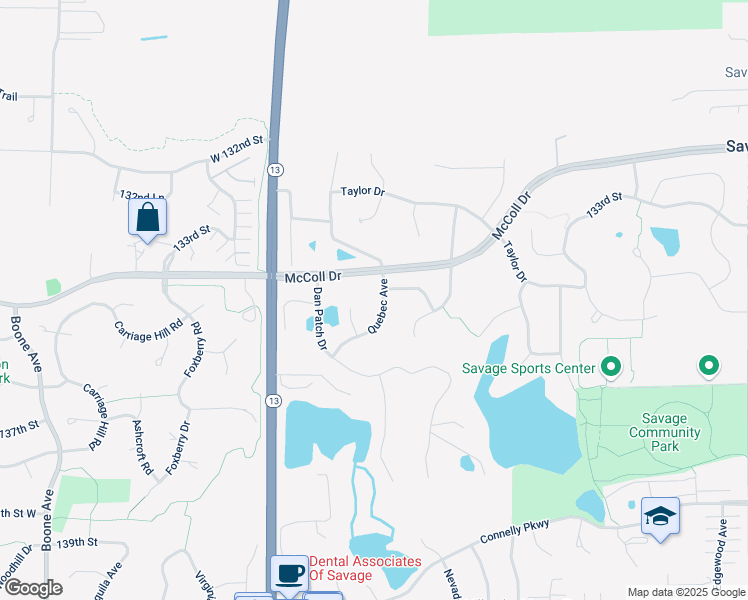 map of restaurants, bars, coffee shops, grocery stores, and more near 13482 Quebec Avenue in Savage