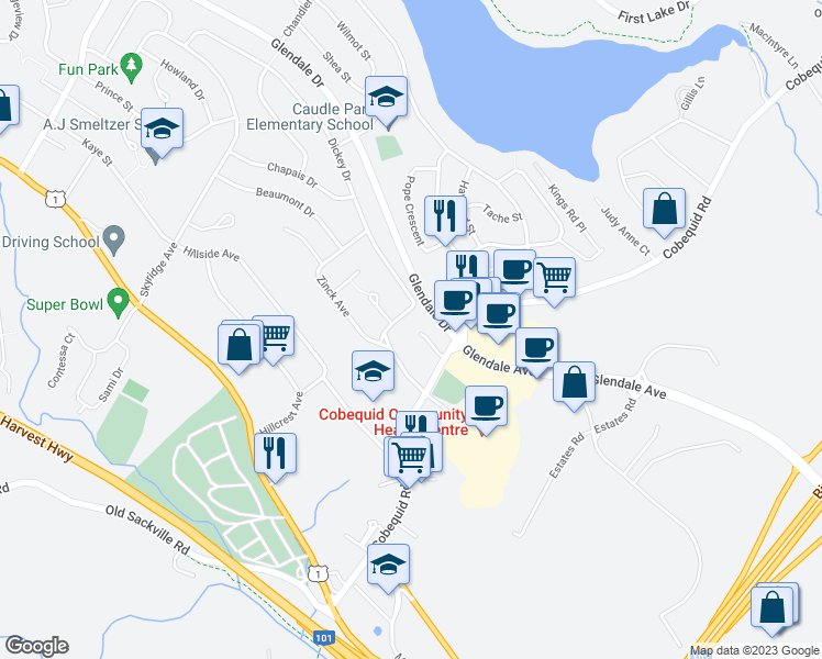 map of restaurants, bars, coffee shops, grocery stores, and more near 28 Malik Court in Lower Sackville