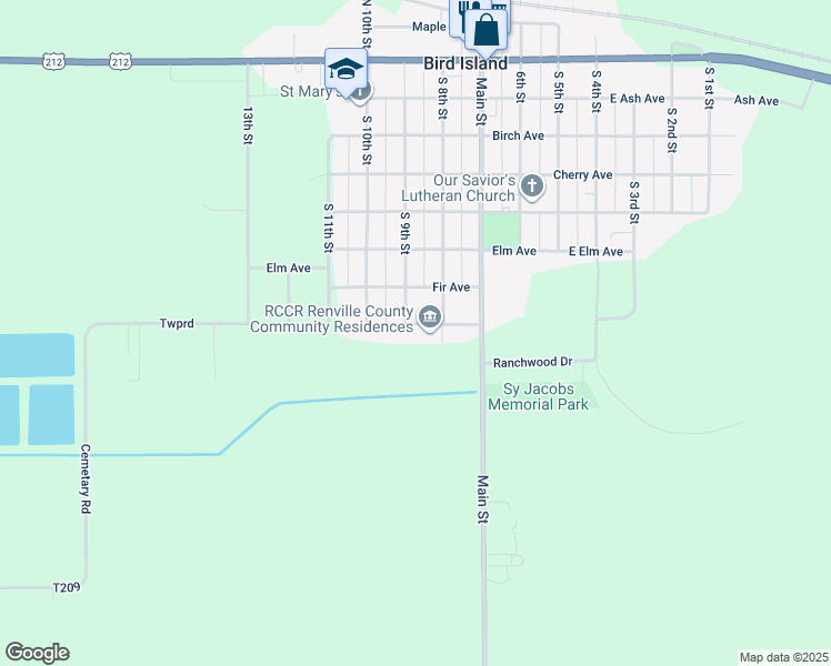map of restaurants, bars, coffee shops, grocery stores, and more near 861 Grove Avenue in Bird Island
