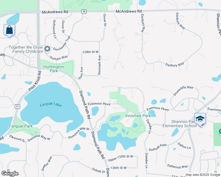 map of restaurants, bars, coffee shops, grocery stores, and more near 13087 Danube Lane in Rosemount
