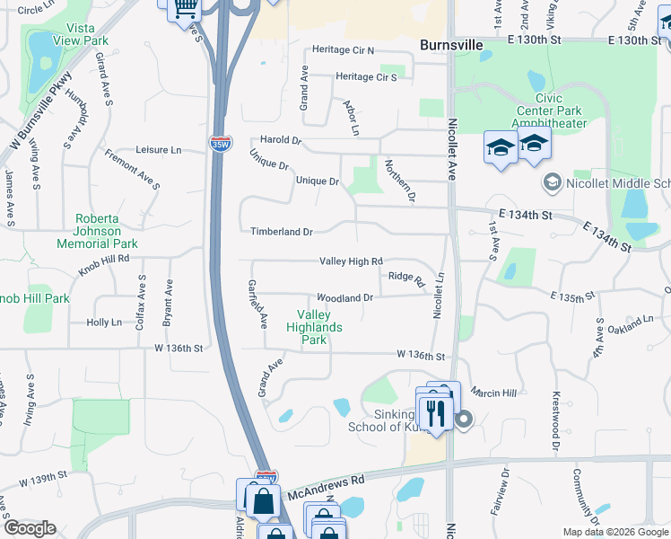 map of restaurants, bars, coffee shops, grocery stores, and more near 209 Valley High Road in Burnsville
