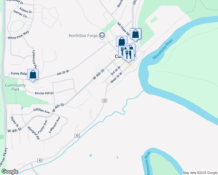map of restaurants, bars, coffee shops, grocery stores, and more near 401 Main Street West in Carver