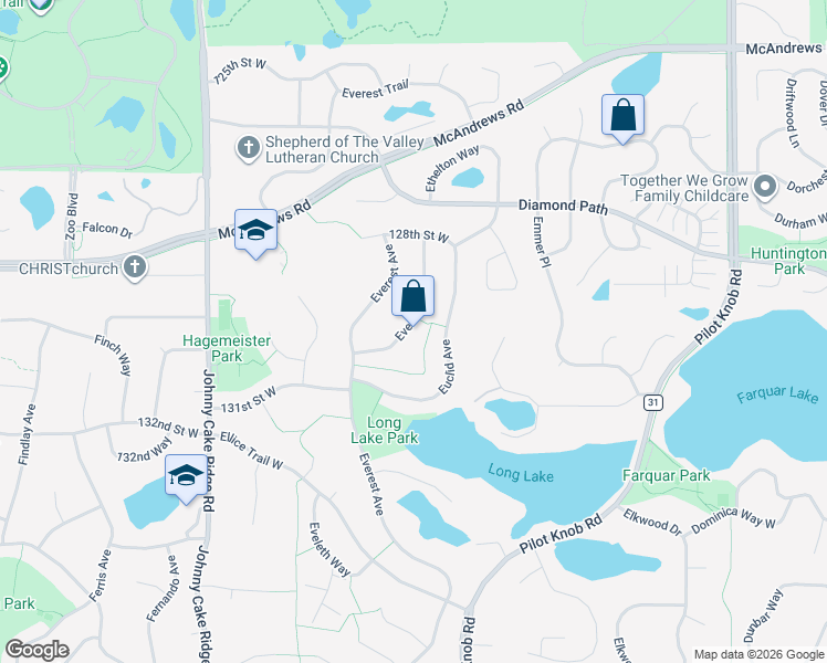 map of restaurants, bars, coffee shops, grocery stores, and more near 13004 Eveleth Avenue in Apple Valley