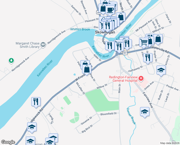 map of restaurants, bars, coffee shops, grocery stores, and more near 8 Pine Street in Skowhegan