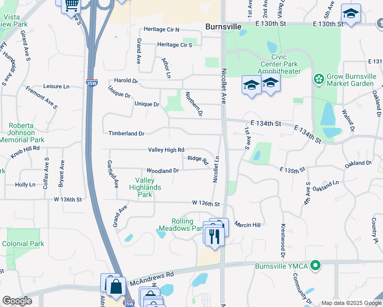 map of restaurants, bars, coffee shops, grocery stores, and more near 115 Valley High Road in Burnsville