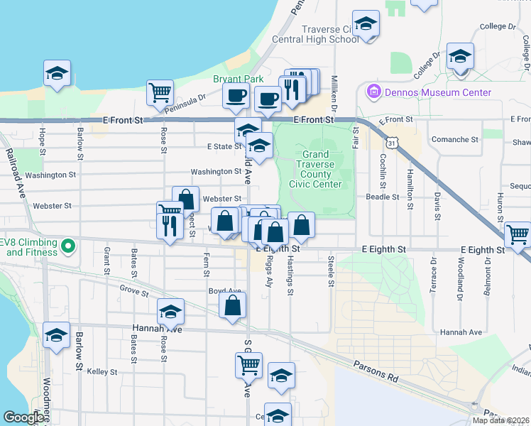 map of restaurants, bars, coffee shops, grocery stores, and more near 1115 Titus Avenue in Traverse City