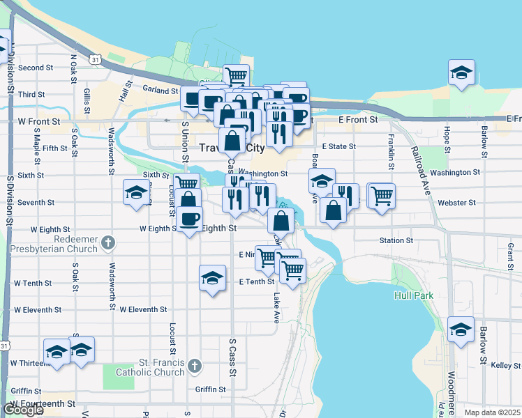 map of restaurants, bars, coffee shops, grocery stores, and more near 239 Midtown Drive in Traverse City