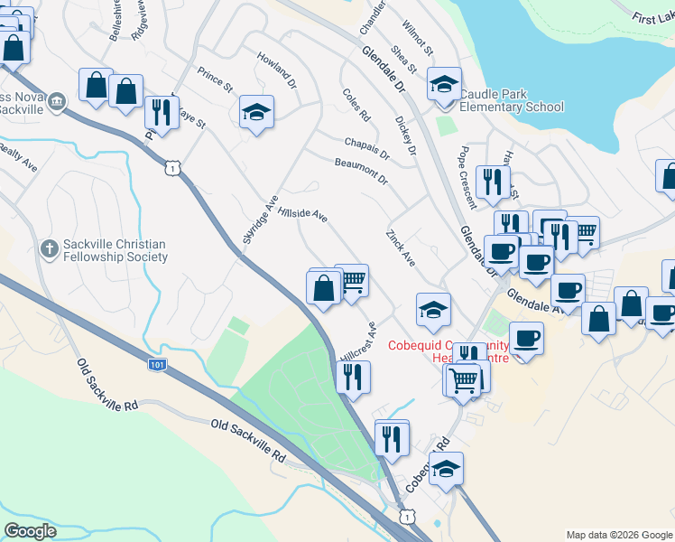 map of restaurants, bars, coffee shops, grocery stores, and more near 47 Hillcrest Avenue in Lower Sackville