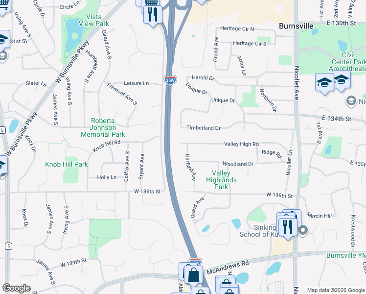 map of restaurants, bars, coffee shops, grocery stores, and more near 13404 Garfield Avenue in Burnsville