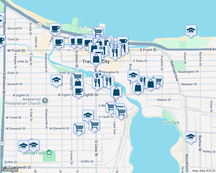 map of restaurants, bars, coffee shops, grocery stores, and more near 239 Midtown Drive in Traverse City