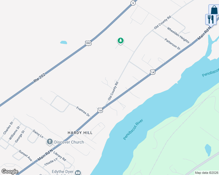 map of restaurants, bars, coffee shops, grocery stores, and more near 26 Old County Road in Hampden