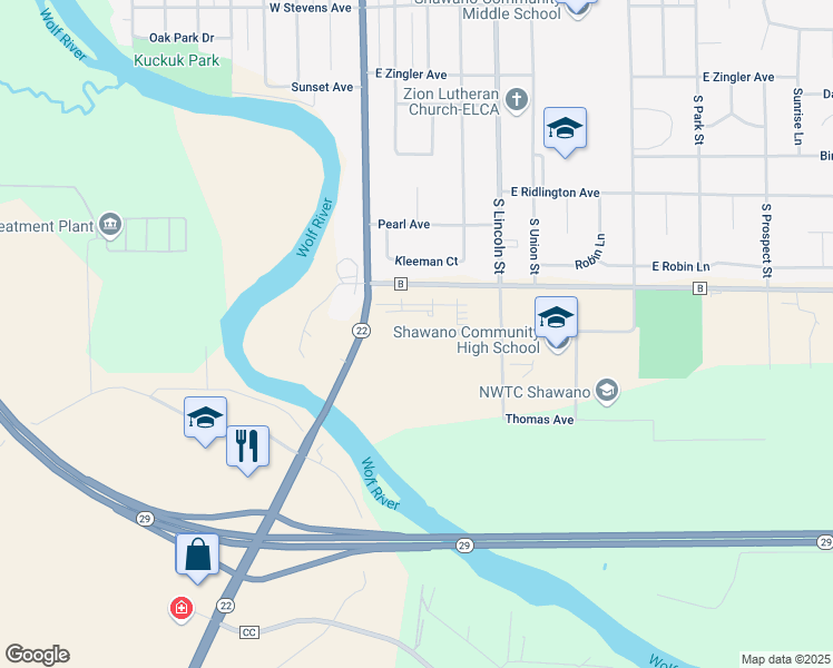 map of restaurants, bars, coffee shops, grocery stores, and more near 100 County Road B in Shawano