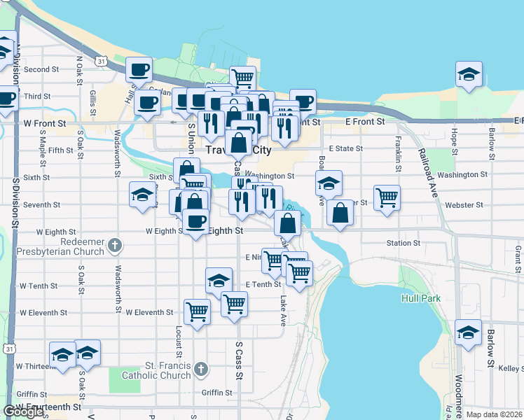 map of restaurants, bars, coffee shops, grocery stores, and more near Midtown Drive in Traverse City