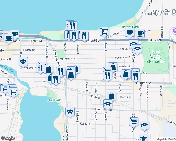 map of restaurants, bars, coffee shops, grocery stores, and more near 828 Webster Street in Traverse City