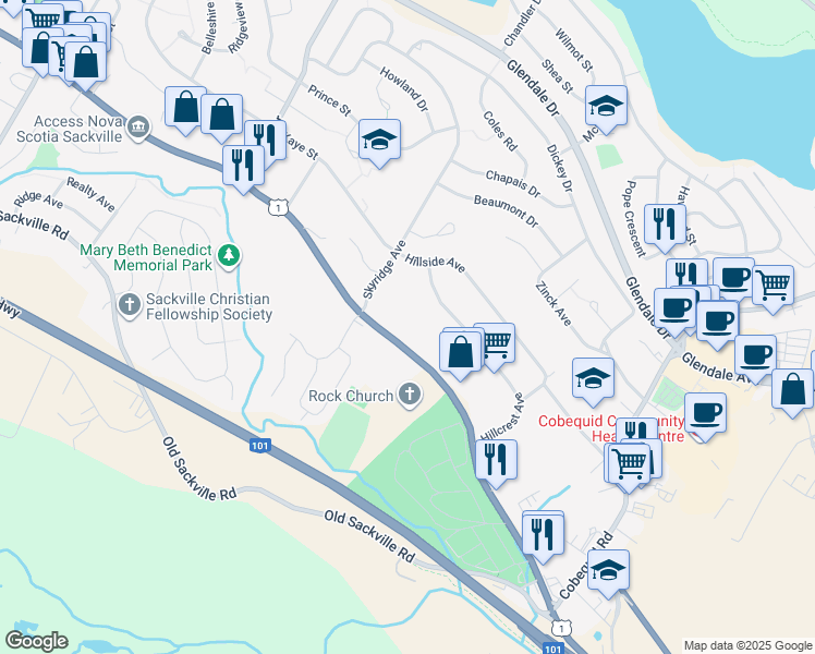 map of restaurants, bars, coffee shops, grocery stores, and more near 257 Sackville Drive in Lower Sackville