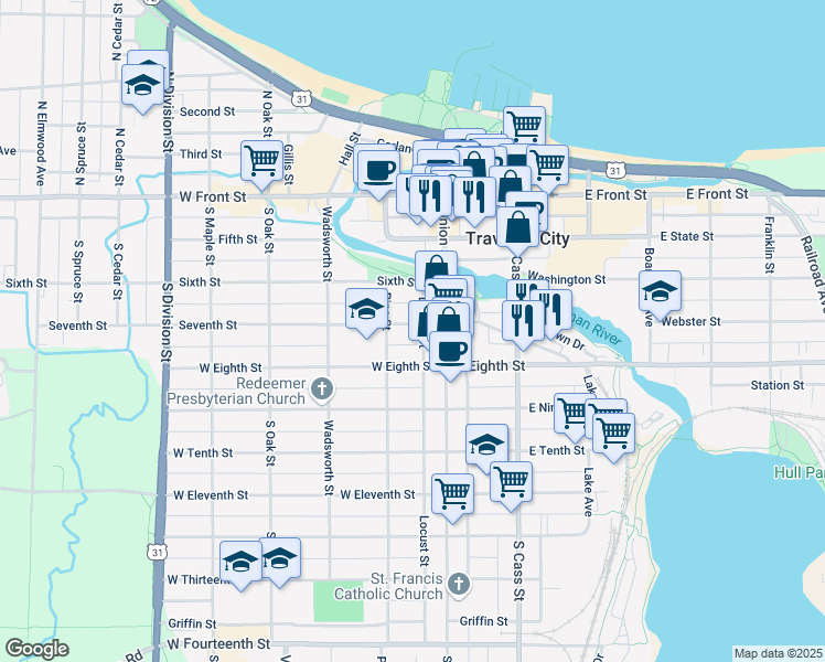 map of restaurants, bars, coffee shops, grocery stores, and more near 401-499 Locust St in Traverse City