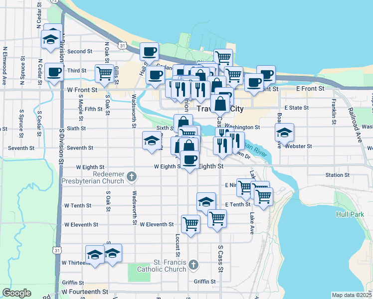 map of restaurants, bars, coffee shops, grocery stores, and more near 499 Locust St in Traverse City