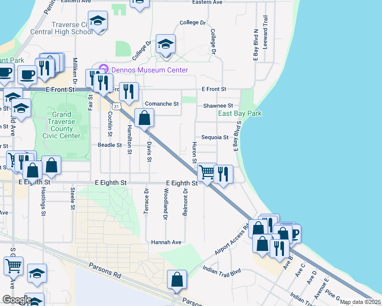 map of restaurants, bars, coffee shops, grocery stores, and more near 350 Huron Street in Traverse City