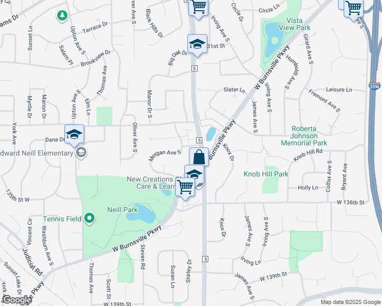 map of restaurants, bars, coffee shops, grocery stores, and more near 13401 Morgan Avenue South in Burnsville