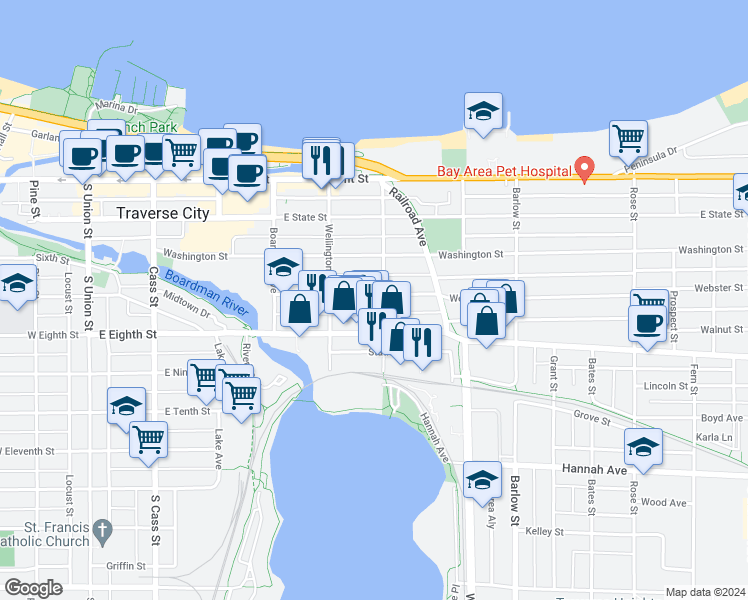 map of restaurants, bars, coffee shops, grocery stores, and more near 542 Webster Street in Traverse City