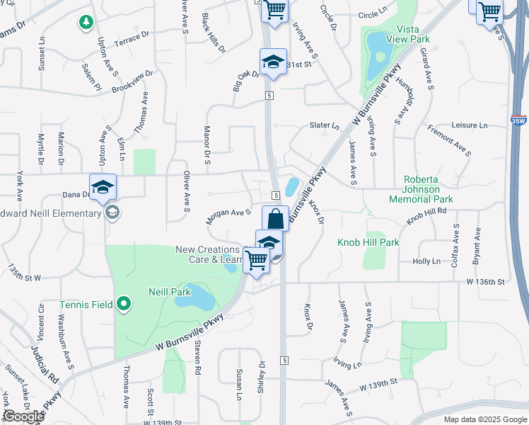map of restaurants, bars, coffee shops, grocery stores, and more near 13401 Morgan Avenue South in Burnsville