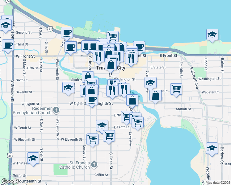 map of restaurants, bars, coffee shops, grocery stores, and more near 245 Lake Avenue in Traverse City
