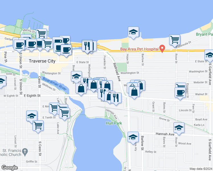 map of restaurants, bars, coffee shops, grocery stores, and more near 602 Webster Street in Traverse City