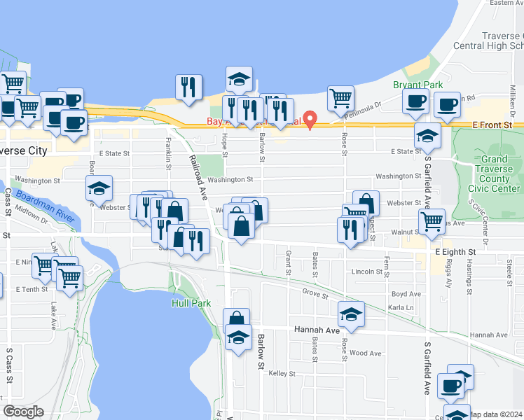 map of restaurants, bars, coffee shops, grocery stores, and more near 799 Webster Street in Traverse City