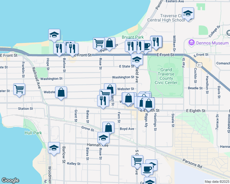 map of restaurants, bars, coffee shops, grocery stores, and more near 1002 Webster Street in Traverse City