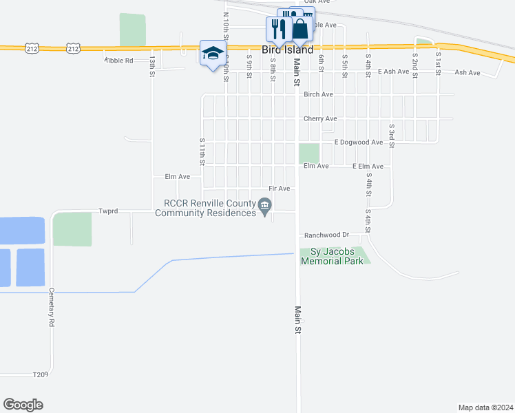 map of restaurants, bars, coffee shops, grocery stores, and more near 861 Grove Avenue in Bird Island