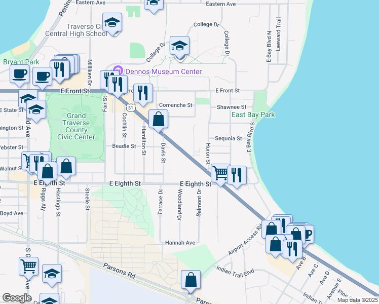 map of restaurants, bars, coffee shops, grocery stores, and more near 447 Munson Avenue in Traverse City