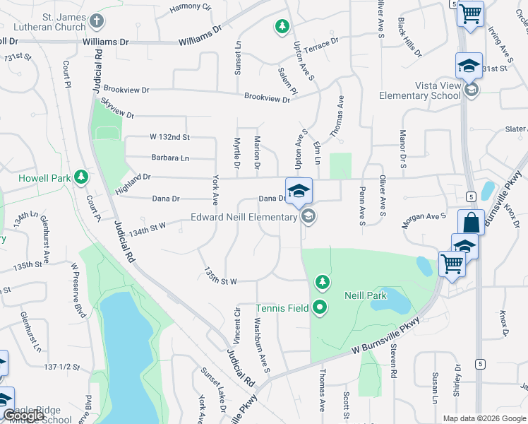 map of restaurants, bars, coffee shops, grocery stores, and more near 13408 Washburn Avenue South in Burnsville