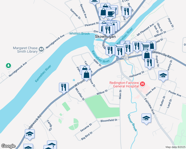 map of restaurants, bars, coffee shops, grocery stores, and more near 79 West Front Street in Skowhegan
