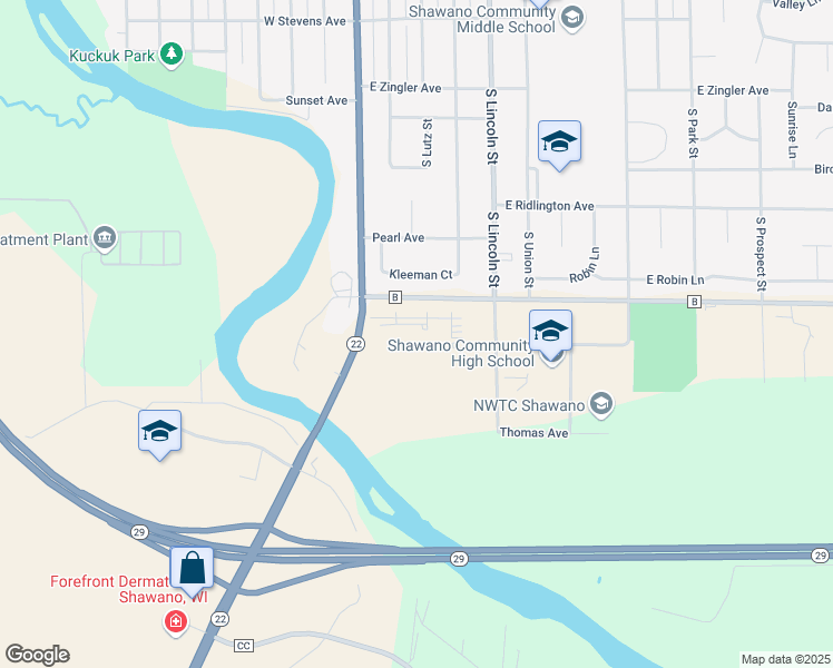 map of restaurants, bars, coffee shops, grocery stores, and more near 100 County Road B in Shawano