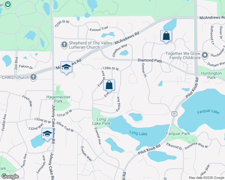 map of restaurants, bars, coffee shops, grocery stores, and more near 13004 Eveleth Avenue in Apple Valley