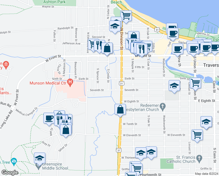 map of restaurants, bars, coffee shops, grocery stores, and more near 311 South Cedar Street in Traverse City