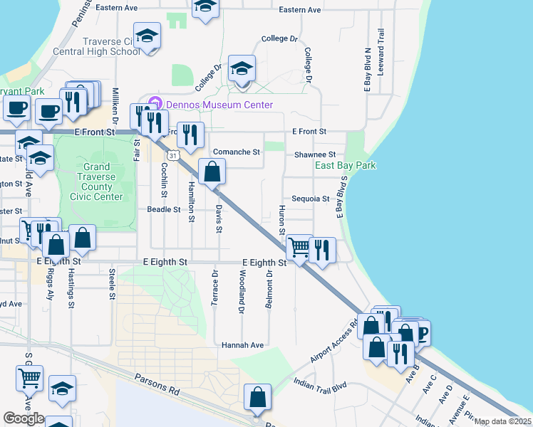 map of restaurants, bars, coffee shops, grocery stores, and more near 447 Munson Avenue in Traverse City