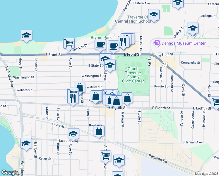map of restaurants, bars, coffee shops, grocery stores, and more near 1115 Titus Avenue in Traverse City
