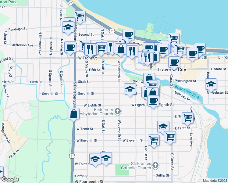 map of restaurants, bars, coffee shops, grocery stores, and more near 411 Seventh Street in Traverse City