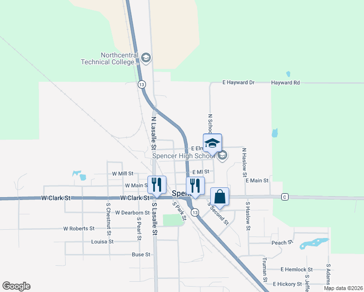 map of restaurants, bars, coffee shops, grocery stores, and more near 401 North Pacific Street in Spencer