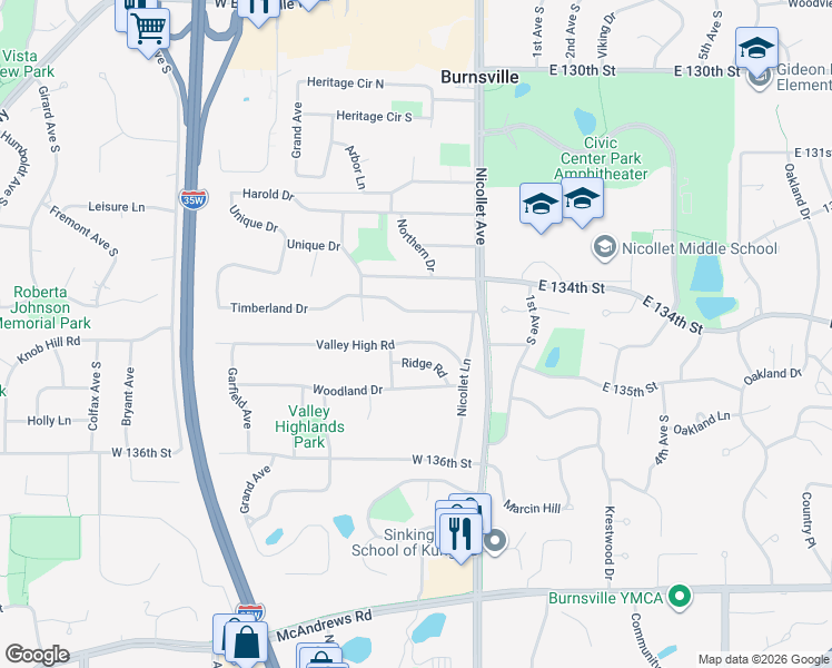 map of restaurants, bars, coffee shops, grocery stores, and more near 115 Valley High Road in Burnsville