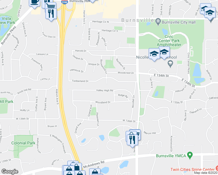 map of restaurants, bars, coffee shops, grocery stores, and more near 129 Valley High Road in Burnsville