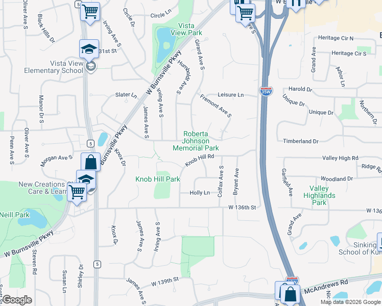 map of restaurants, bars, coffee shops, grocery stores, and more near 1300 Knob Hill Road in Burnsville